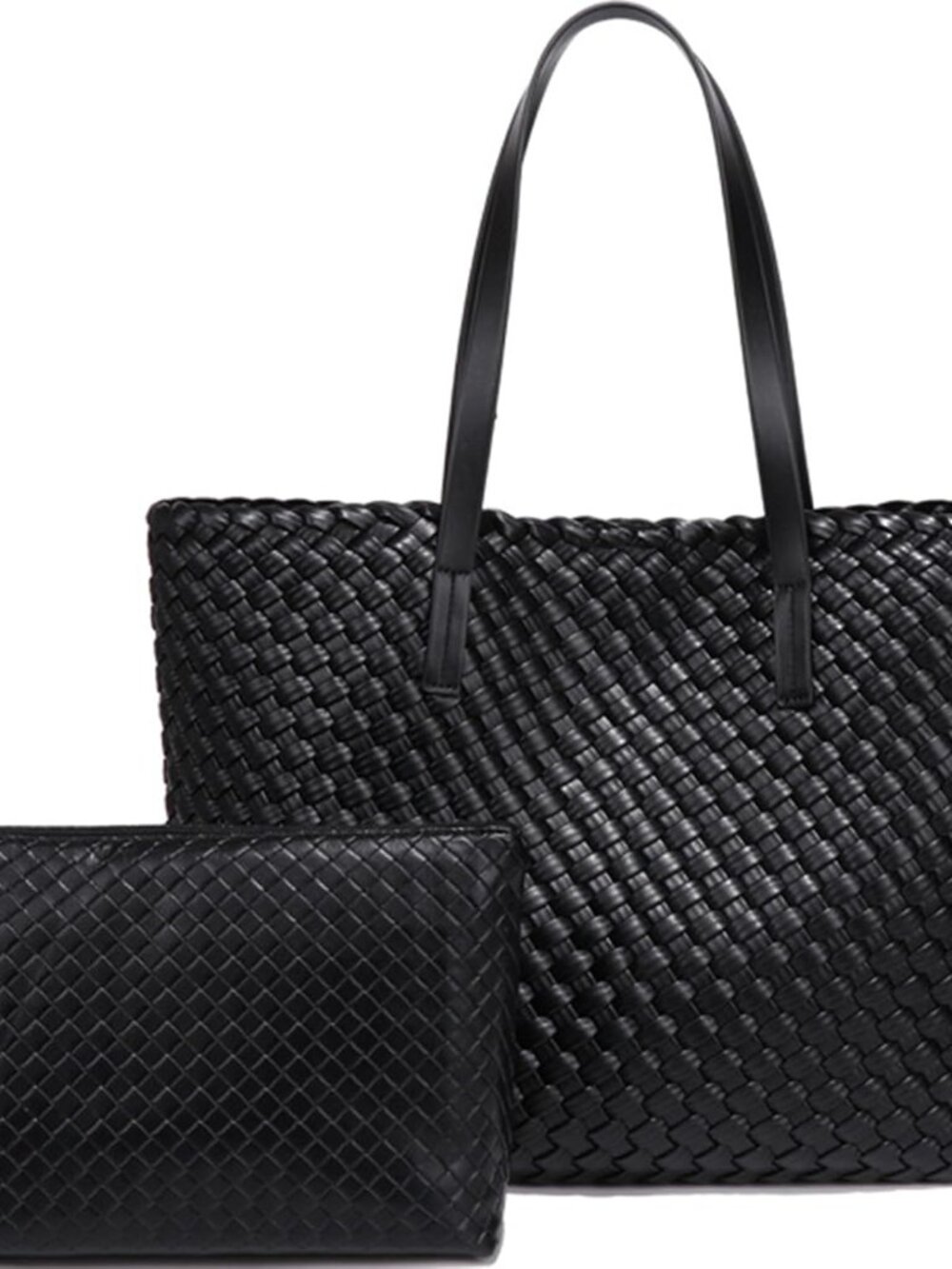 Large Capacity Shoulder Handbag Woven Leather Tote Bag with Matching Pouch Trave
